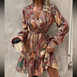 Boho floral paisley print ruffle hem dress